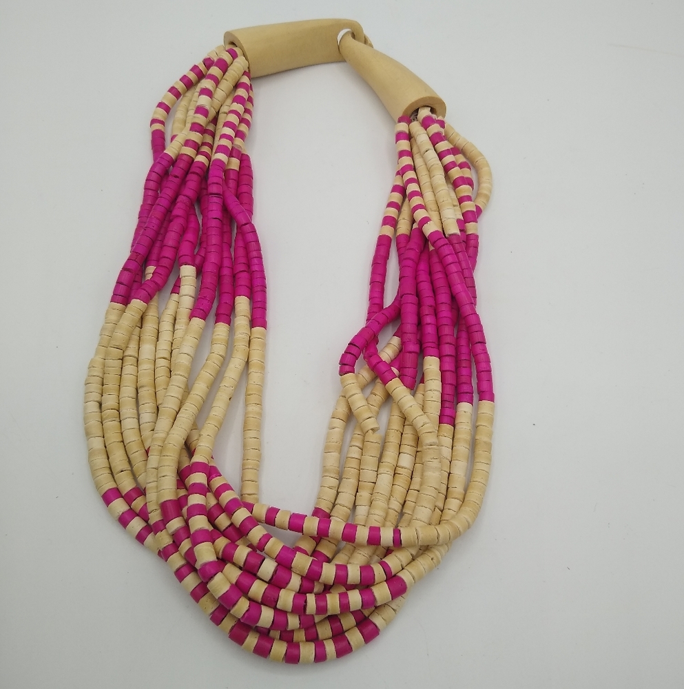 Pink & Cream Faux Bone Bead Multi-Strand Statement Choker Bib Necklace Vintage - Picture 3 of 9